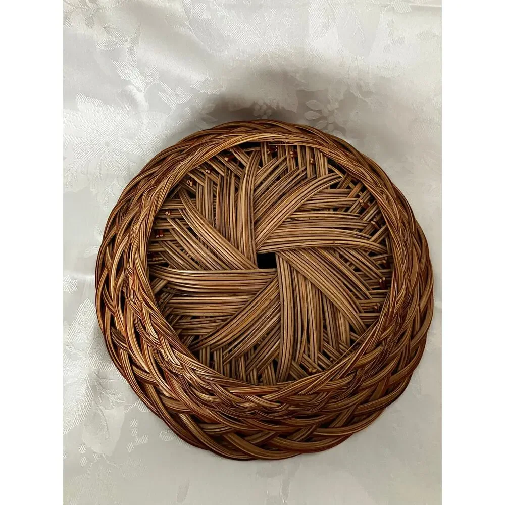 Vintage Woven Reed Bread Basket Round Handwoven Brown Tan Cream 13